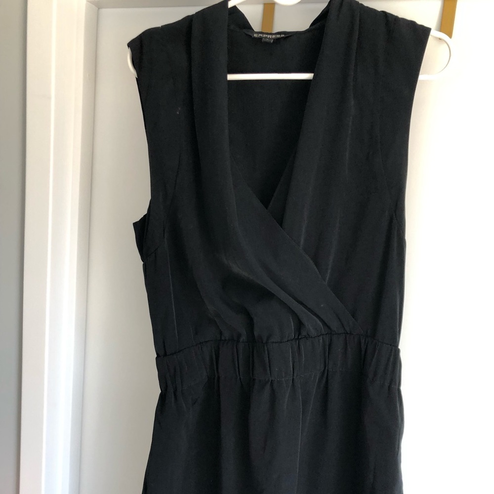 Black, elastic waist, wrap front dress